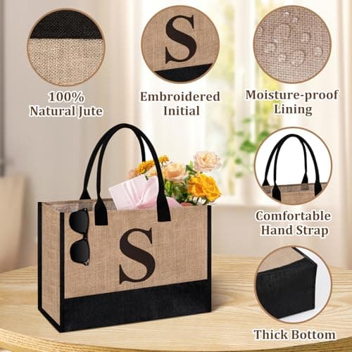 Initial Jute Tote Bag & Makeup Bag, Birthday Gifts for Women Her Mum Teacher, Suitable for Wedding, Beach, Holiday (S) — view 3
