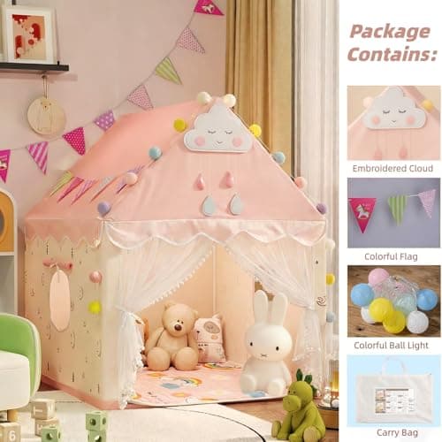 Kids Tent Play House with Lights, Kids Play Tent with Multi-Coloured Ball Lights & Tote Bag & Flags & Clouds, Indoor Outdoor Princess Tents Toddlers Playhouse for Girls Boys Birthday Gifts(Pink) — view 3