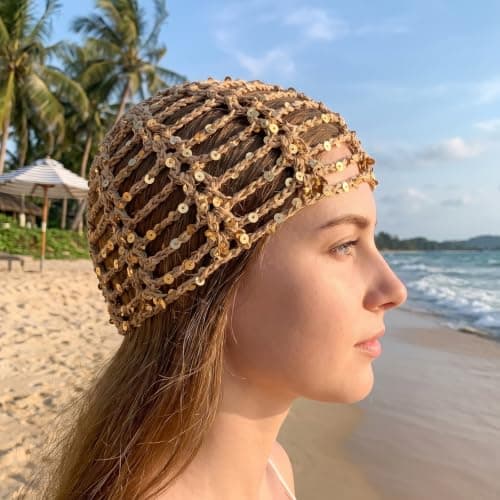 Ymapinc Crochet Hat, Sequin Crochet Skull Cap Hollow Mesh Boho Beanie Khaki — view 6