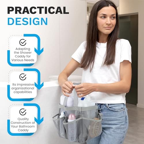 Handy Laundry Mesh Shower Caddy - 7 Pocket Portable Bathroom Organizer Tote for Travel, Gym & Dorm - Collapsible Small Shower Caddy Bag to Hold Toiletries & Essentials (Grey) — view 4