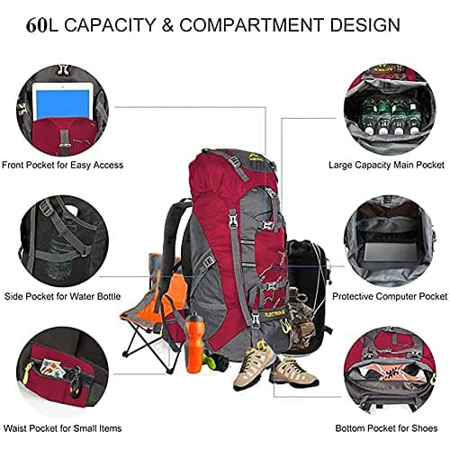 NACATIN Hiking Backpack, 60L Large Rucksack for Men Women, Tear and Water-resistant Ideal for Camping Trekking Travel Outdoor (Red) — view 4