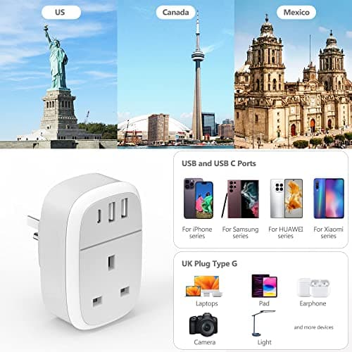 UK to US Plug Adaptor, USA Travel Adapter 32W USB C Fast Charger for American, Canada, 4 in 1 Cyzbim USBC Adapter for Phone Pad Android Samsung, Type C Plug for Thailand Mexico Colombia (Type B) — view 6