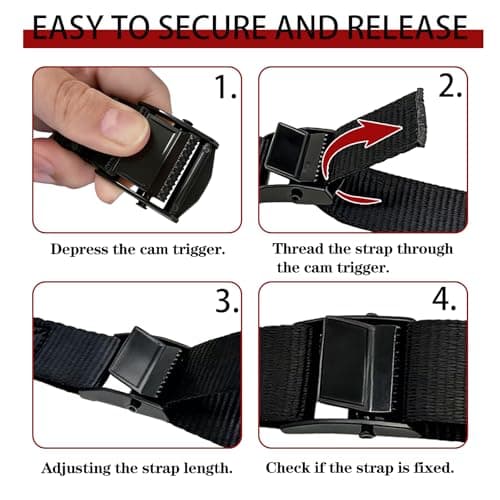 4 Pack Luggage Straps, Ratchet Straps, 2M Adjustable Suitcase Straps for Motorcycle, Tie down straps for Cargo, Trucks, Trailer, Luggage, 660lbs Loading Capacity, Lashing Strap (Black, 2M) — view 5