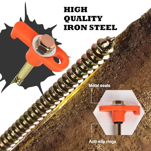 OFFOF 12 Pack Heavy Duty Metal Tent Pegs – Rotating Rock Pegs with Thread, Ground Anchors for Camping, Includes Drill Adapter & Nail Puller, Durable Steel Stakes for Garden, Canopies & Outdoor(orange) — view 3