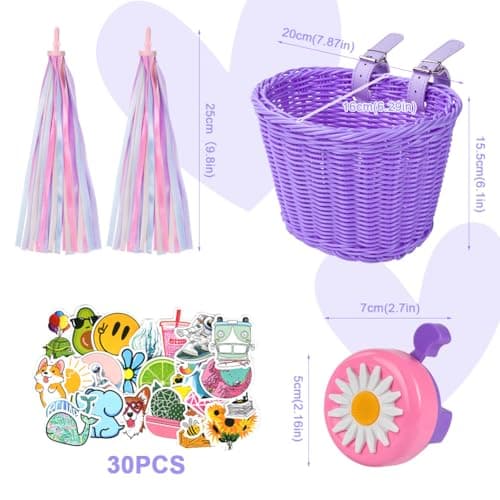 Flintronic Kids Bike Basket Handwoven Cycle Basket for Kids, Bicycle Basket For Girls Boys Childs, with Bike Accessories - Purple — view 2