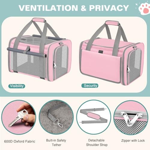 BTNEEU Soft Sided Cat Carrier Bag Airline Approved Large Pet Carrier Portable Dog Carrier Ventilated Foldable Pet Travel Carriers Bag For Cats/Small Dog With Shoulder Strap & Washable Mat (Pink) — view 5