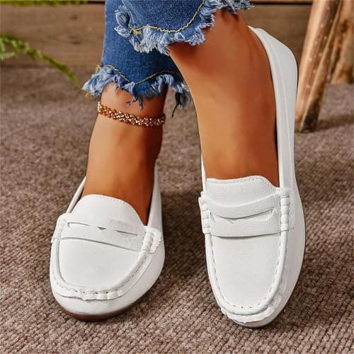 Leather Penny Loafers for Women Slip‑On Flats Pumps Moccasin (White 5 UK) — view 3