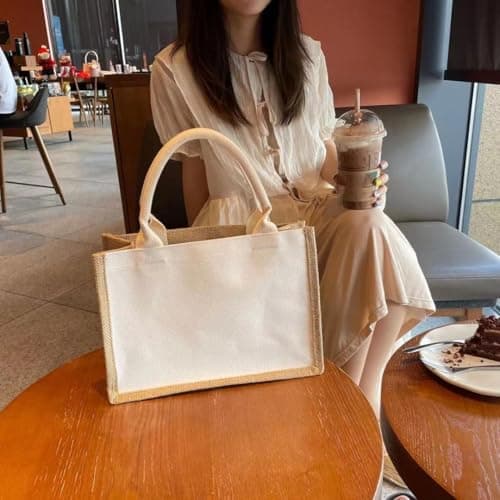 SOUJOY 6 Large Pack Burlap Tote Bags, 37×25cm Reusable Jute Gift Totes with Handles, Water Resistant Beach Bag, Canvas Grocery Shopping Totes for Bridesmaid, DIY, Wedding, Valentine's Day — view 5