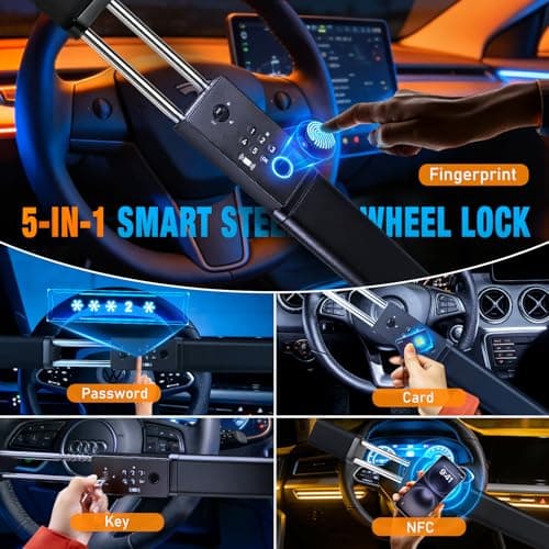 JMEST LEAD Smart Steering Wheel Lock with 5 Unlocking Methods (IC Card/Fingerprint/Password/Key/NFC),Rechargeable Anti-Theft Car Device with Car Alarm, Window Breaker,Universal Fit for Most Vehicles — view 2