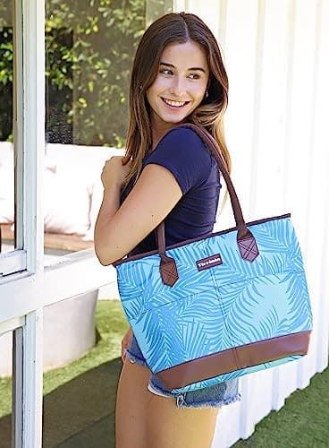 Kato Tirrinia Insulated Lunch Bags for Women, Fashionable Picnic Tote Bag, Leakproof Cooler Bag for Work School Picnic Camping Beach, Blue Leaf — view 2