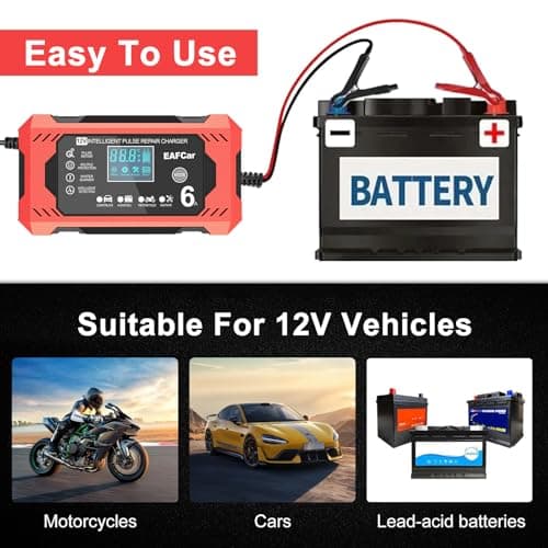 EAFCar 6Amp Car Battery Charger, 12V Smart Trickle Charger and Maintainer, LCD Screen Maintainer/Pulse Repair Activation Pack for Car, Motorcycle, Lead Acid Batteries & AGM. (6A) — view 2