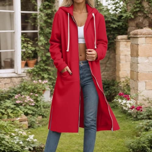 Long Hoodies for Women UK Oversized Full Zip Jacket Side Slit Baggy Hooded Sweatshirt Casual Long Sleeve Warm Fleece Hoodie Longline Coats Solid Color Loose Cardigan Ladies Pullover Jumper with Pocket — view 2