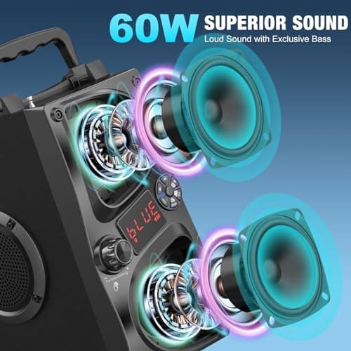 SUPNIU Bluetooth Speaker, 60W(Peak) Wireless Portable Small Home Party Speakers with Double Subwoofer Deep Bass, Radio, Lights, 80dB Loud Stereo Sound Boombox for Outdoor Camping Gifts — view 2