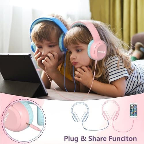 MOXKING Kids Wired Headphones with Microphone, Safe Volume Limiter, Pink — view 3