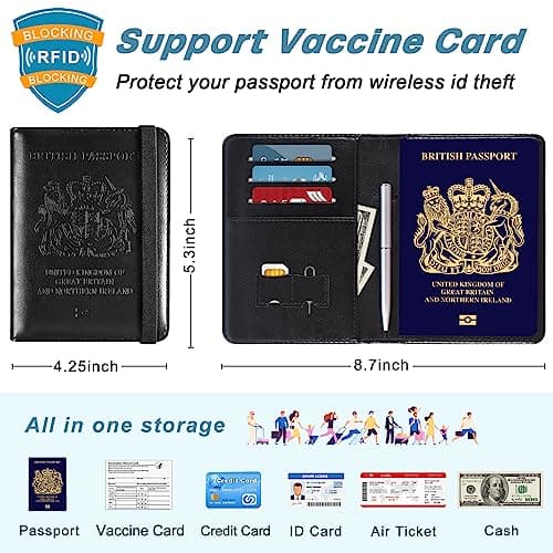 DMLuna Passport Holder, Premium PU Leather Travel Passport Wallet RFID Blocking Passport Cover Case Travel Documents Organizer with Pen Holder, for Women and Men - Black — view 3
