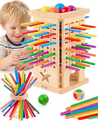 Montessori Toys Wooden Board Game for Kids – Fine Motor Skills Toy for Ages 3-6, Travel Family Game with 42 Colourful Balancing Sticks & Balls, Fun Gift for Boys Girls