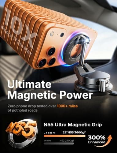LISEN for Magsafe Car Mount |3800gf Strong Magnet+22xN55| Magnetic Phone Holder for Car Phone Holder Magnetic Vacuum Mobile Magnet Phone Holder iPhone Car Phone Mount for iPhone 17-12,Black — view 3