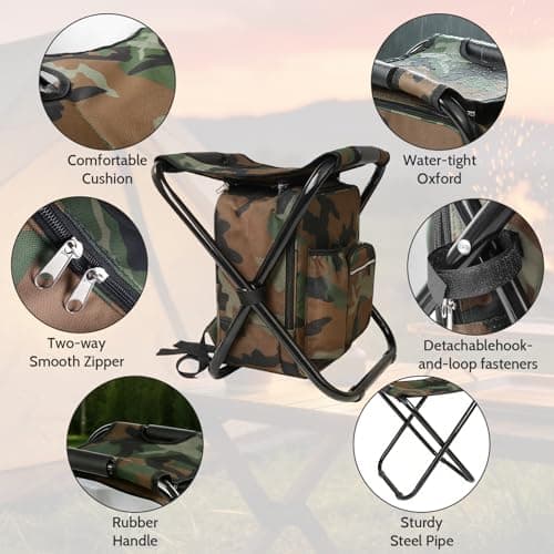 SDLDEER Foldable Camping Chair Backpack with Cooler Insulated Picnic Bag, Detachable Portable Camping Stool Hiking Seat Table Bag for Outdoor Indoor Fishing Travel Beach (Camouflage) — view 6