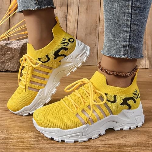 Sling Back Shoes Women Women Trainers Wide Fit Wedge Walking Sneakers Casual Fashion Non Slip Walking Shoes Lightweight Low Top Lace Up Orthopedic Trainer Arch Support Footwear Yellow 4.5 — view 6