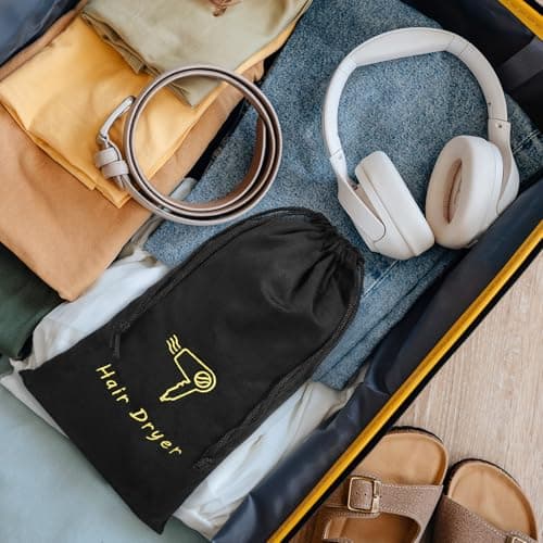 Black Linen Hair Dryer Storage Bag Drawstring Travel Pouch — view 5
