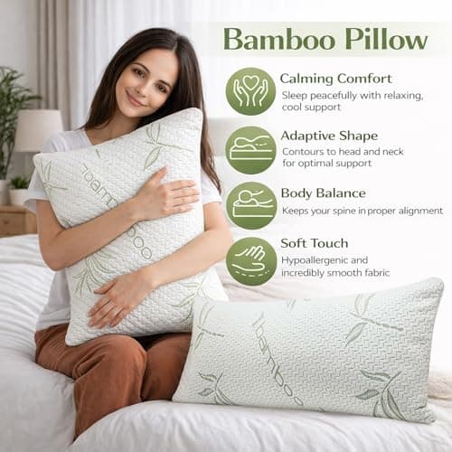 EDS Bamboo Memory Foam Pillow Pack of 2 Medium Firm Pillow for Neck & Shoulder Support Breathable Bed Pillow with Removable Machine Washable Cover for Side Back & Stomach Sleepers (Pack of 2) — view 5