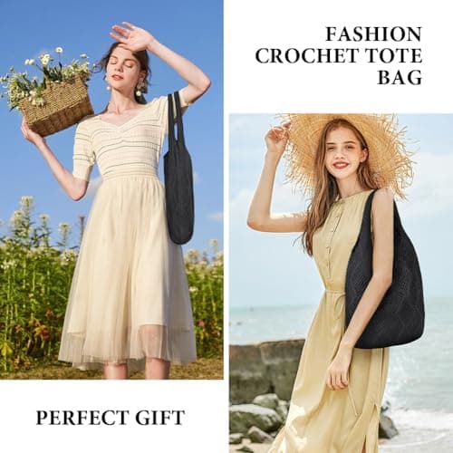 Aucuu Women Knitted Handbags, Retro Hollow Woven Shoulder Bags, Boho Shoulder Bag, Crochet Mesh Tote Bag, Beach Bag for Women, Travel Shopping Handbag for Holiday, Daily Work, Shopping, Travel-Black — view 2