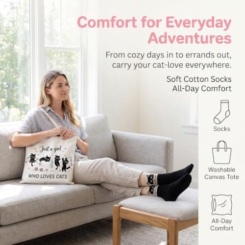 Cat Gifts for Women Girls, Cat Lovers Gifts with Tote Bag Makeup Bag Socks — view 4