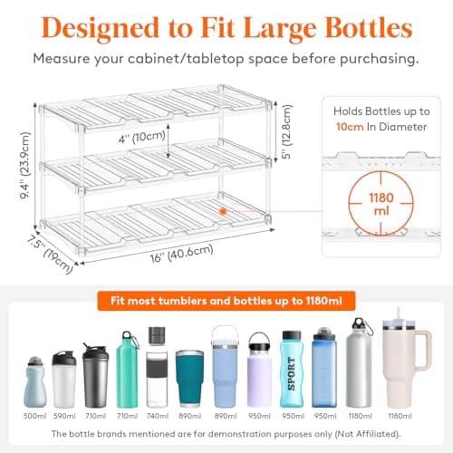 Lifewit Stackable Water Bottle Storage Organiser, Wine Bottle Holder for Cupboard, Plastic Large Compartment Tumbler organiser, Clear Wine Rack, Mug Cup Holder for Kitchen Storage, 3 Tier Hold 12 — view 2