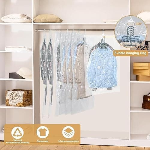 Hanging Vacuum Storage Bags, QH7 4 PCS Space-saving Vacuum Bag for Clothes, Suits, Dresses, Coats or Jackets, Clear & Reusable Closet Organizer with (4 Long 145x70cm) — view 2