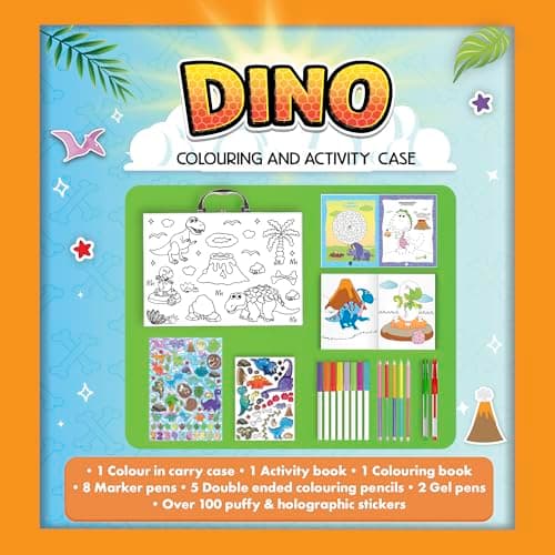 abeec Dino Colouring & Activity Case | Arts & Crafts for Kids | Colouring & Activity Book with Stickers, Markers, Pencils & Gel Pens | Dinosaur Travel Set & Creative Gift for Boys & Girls — view 2