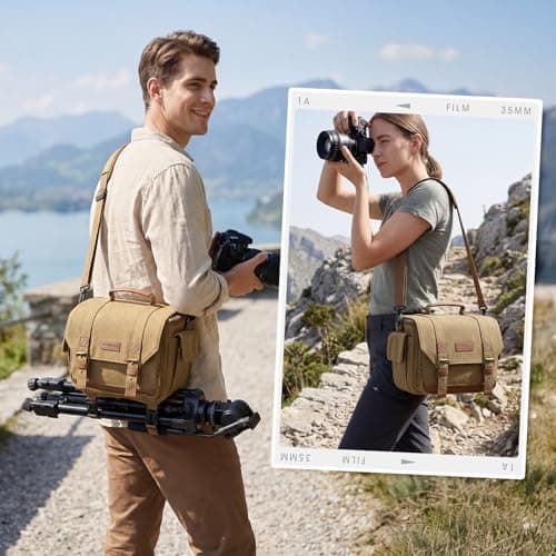 RAINSMORE Vintage Camera Sling Bag, Waterproof Canvas DSLR Mirrorless Crossbody Bag with 10mm Shockproof Padding, Rain Cover & Tripod Holder, Photography Shoulder Messenger Bag for Men Women Khaki — view 6