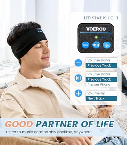 Voerou Sleep Headphones Bluetooth Wireless Headband Headphones Sports Sweatband with Ultra-Thin HD Stereo Speakers for Sleeping,Insomnia, Travel, Meditation,Black — view 3