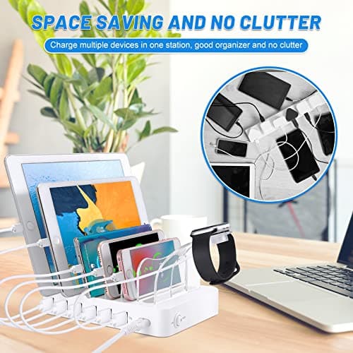 PRITEK Charging Station with 8pcs Short Charge Cables, 60W 6 Ports USB Charger Station Desktop Organizer Charging Dock Compatible for Phone Tablet Multiple Electronic Devices (White) — view 2