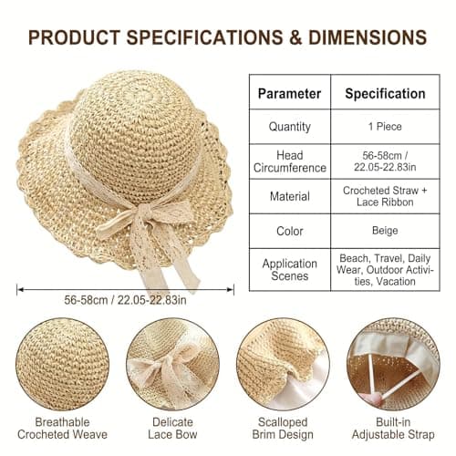 Womens Wide Brim Straw Hat UPF 50+ Sun Protection Packable Travel Beach Sun Hat for Summer Foldable Bucket Hat (Fit Head circumferences 22-22.8 in) Beige — view 2