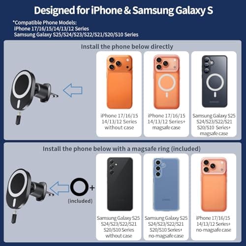 Mag-safe Car Charger Mount,15W Fast Charging, Wireless Car Charger Magnetic Car Phone Holder Air Vent Mount for iPhone 17/16/15/14/13/12/Pro/Plus/Max, for Samsung Galaxy S25/24/23/22/21/20+ Ultra — view 2