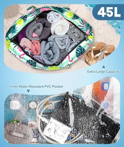 ISEYOU Extra Large Beach Bag, Waterproof Beach Bags with Zip, Lightweight Foldable Beach Tote Bags, Large Capacity Multi-Pocket Beach Bags for Women, Perfect for Pool Shopping Travel Vacation Gym — view 3