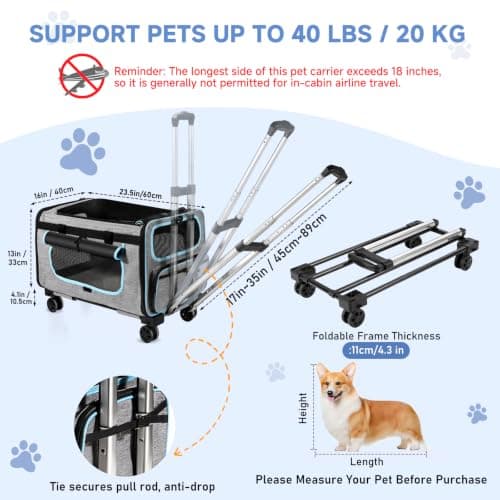 Wheelive Large Pet Carrier with Detachable Wheels, 2 IN1 Foldable Soft-Sided Carriers- Designed for Dogs & Cats, Telescopic Handle, for Outdoor Car Indoor, Max. 44 LBS(Not for Airline) — view 3
