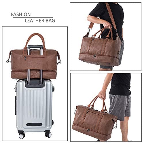 Travel Bag with Shoe Pouch,Weekender Overnight Bag Waterproof PU Leather Large Carry On Bag Travel Tote Duffel Bag for Men or Women,Brown — view 6