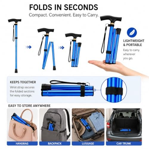 foldable walking stick adjustable collapsible walking stick lightweight aluminium cane blue folding walking stick for men women disabled mobility aids portable travel walkig cane With Wrist Strap — view 4