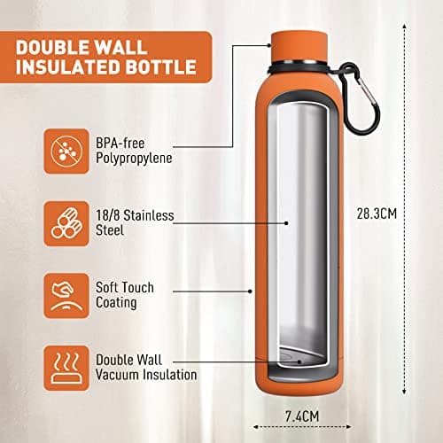 Exllena Metal Water Bottles with Water Bottle Buckle, Double Wall Vacuum Insulated Water Bottles 12 Hrs Hot/24 Hrs Cold, 750ml Stainless Steel Water Bottle BPA Free (Orange) — view 3