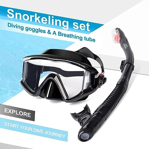 Dry Snorkel Set, Pano 3 Window Snorkel Mask, Anti-Fog Scuba Diving Goggles and Snorkel, Professional Adult Snorkeling Swim Mask Gear (Black Set) — view 6