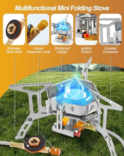 Portable Camping Gas Stove Burner, Windproof 3500W Camping Stove with Piezo Ignition, Complete with Adapters and Converters for BBQs, Cooking, Fishing, Hiking, and Picnics — view 3