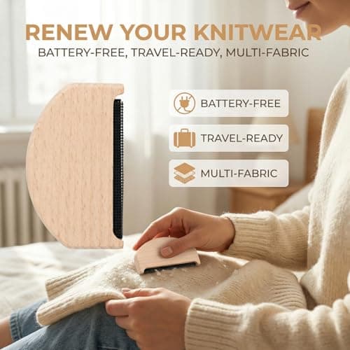 Solvio Wooden Cashmere Comb & Lint Remover for Clothes - Manual Fabric Shaver for Wool, Knits, Sweaters & Jumpers - Portable Bobble Remover Tool to Defuzz & Restore Garments (Battery-Free) — view 2