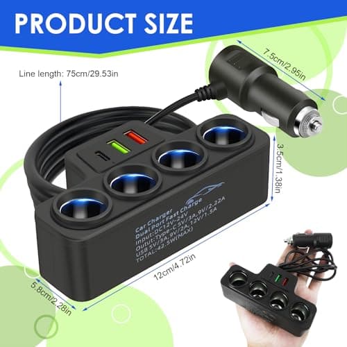 120W Car Cigarette Lighter Multi Socket with 4 Sockets & 3 USB Ports — view 3