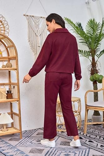 HAOZHIYU Womens 2 Piece Sets Travel Outfits Half Zip Sweatshirt And Wide Leg Sweatpant Airport Outfits for Women 2025, Burgundy, M — view 4
