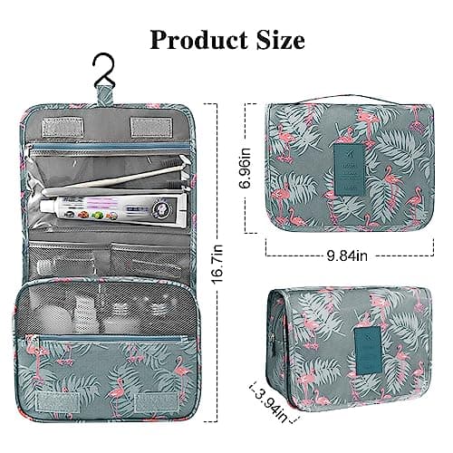 Hanging Toiletry Bag - Travel Portable Wash Bag Makeup Cosmetic Organizer for Women & Girls Waterproof Bathroom Shower Bag for Business Trip, Gym, Vacation & Household (Gray Flamingo) — view 5