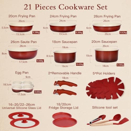 GIPP 21PCS Pots and Pans Set Non Stick,Nonstick Cookware Set Detachable Handle,Pots for Cooking Non Stick with Removable Handle,RV Cookware Set,PFAS PFOA Free(Red Gradien,21PCS) — view 2