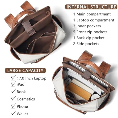 Shrrie Upgraded Large Travel Laptop Backpack Fits 17 inch Laptop,Vegan Leather Computer Backpack for Women and Men Business,Beige with Brown — view 4