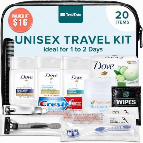 TrekTote 20-Piece Men's Travel Toiletry Kit offers TSA Approved Hygiene Essentials in a Convenient Traveling Accessories Set.
