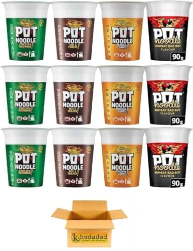 Noodle Multipack 12 – 3x Beef & Tomato, 3x Chicken & Mushroom, 3x Curry, 3x Bombay Bad Boy | Instant Noodles 90g Pots | Quick & Easy Meal for Home, Office, Students, Camping & Travel